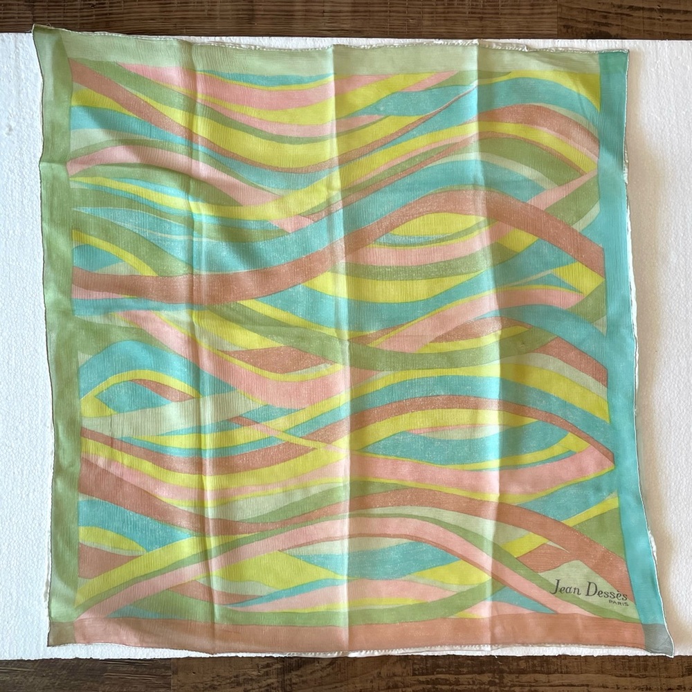 Vintage Jean Dessès Paris Soie (Silk) Blue Yellow Green and Pink Abstract Scarf